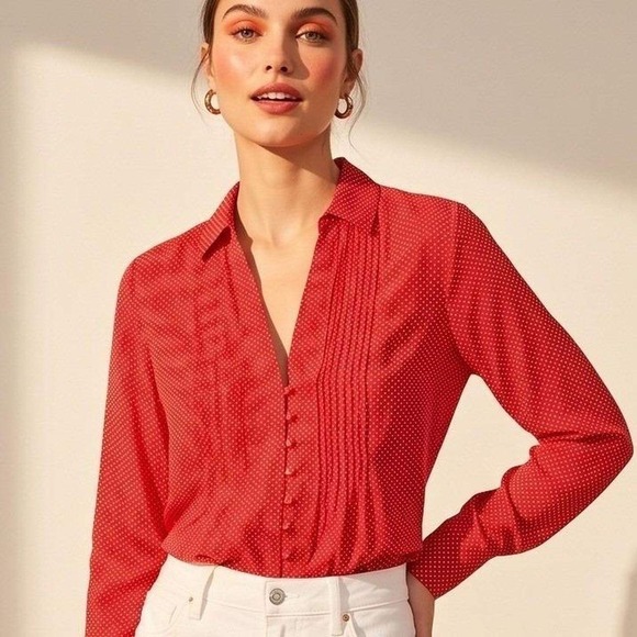 Maeve Tops - Maeve Anthropologie Red Polka Dot Pintuck Pleated Button Front Blouse Small